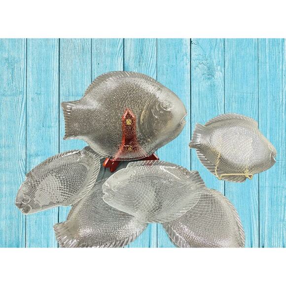 Fish Plates and Serving Platter Set of 6 Pasabahce Turkish Glass Marine Nautical - Picture 4 of 12